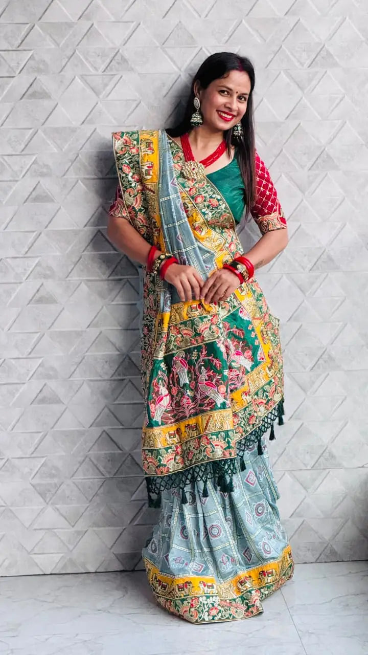 Grey Pure Soft Silk Heavy Embroidery Diamond Work Gharchola Panetar Saree