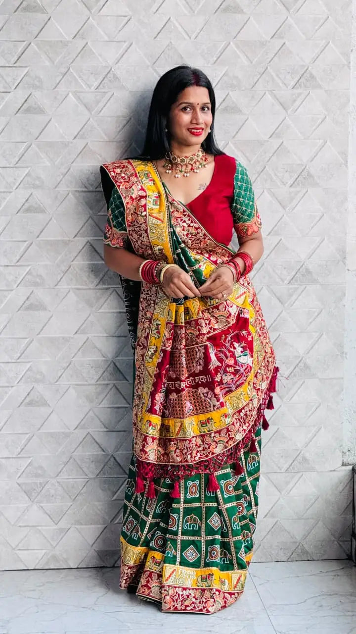 Green Pure Soft Silk Heavy Embroidery Diamond Work Gharchola Panetar Saree