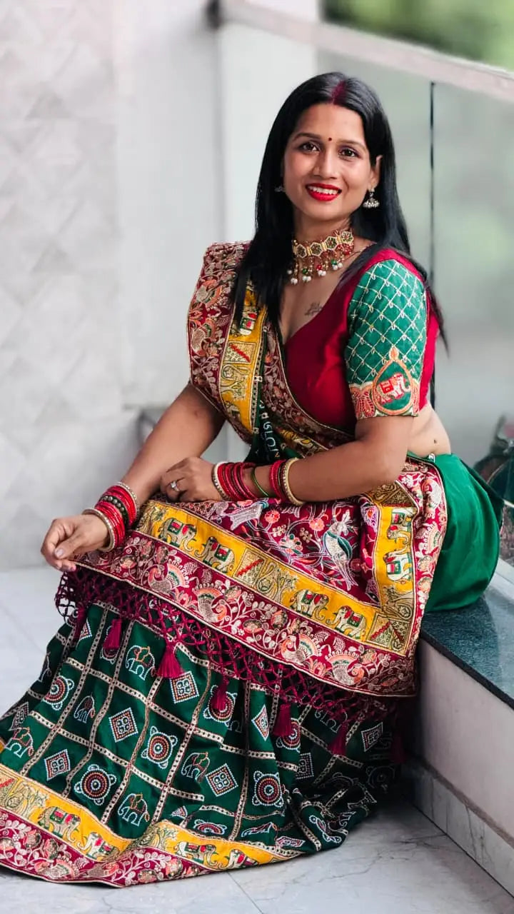 Green Pure Soft Silk Heavy Embroidery Diamond Work Gharchola Panetar Saree