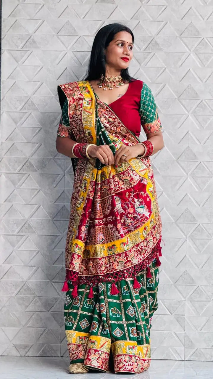 Green Pure Soft Silk Heavy Embroidery Diamond Work Gharchola Panetar Saree