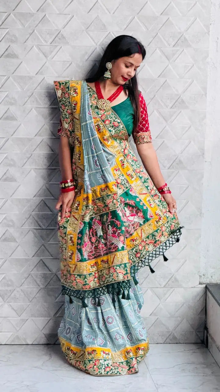 Grey Pure Soft Silk Heavy Embroidery Diamond Work Gharchola Panetar Saree