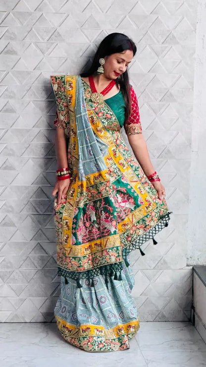 Grey Pure Soft Silk Heavy Embroidery Diamond Work Gharchola Panetar Saree