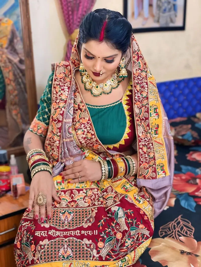 Chiku Pure Soft Silk Heavy Embroidery Diamond Work Gharchola Panetar Saree