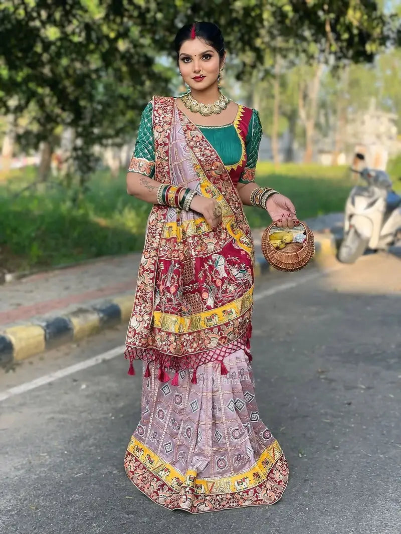 Chiku Pure Soft Silk Heavy Embroidery Diamond Work Gharchola Panetar Saree