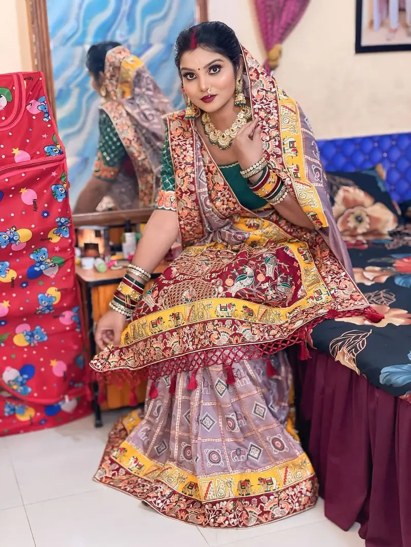Chiku Pure Soft Silk Heavy Embroidery Diamond Work Gharchola Panetar Saree