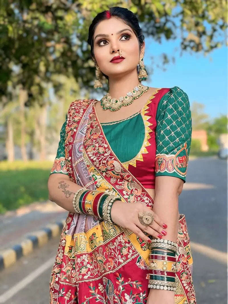 Chiku Pure Soft Silk Heavy Embroidery Diamond Work Gharchola Panetar Saree