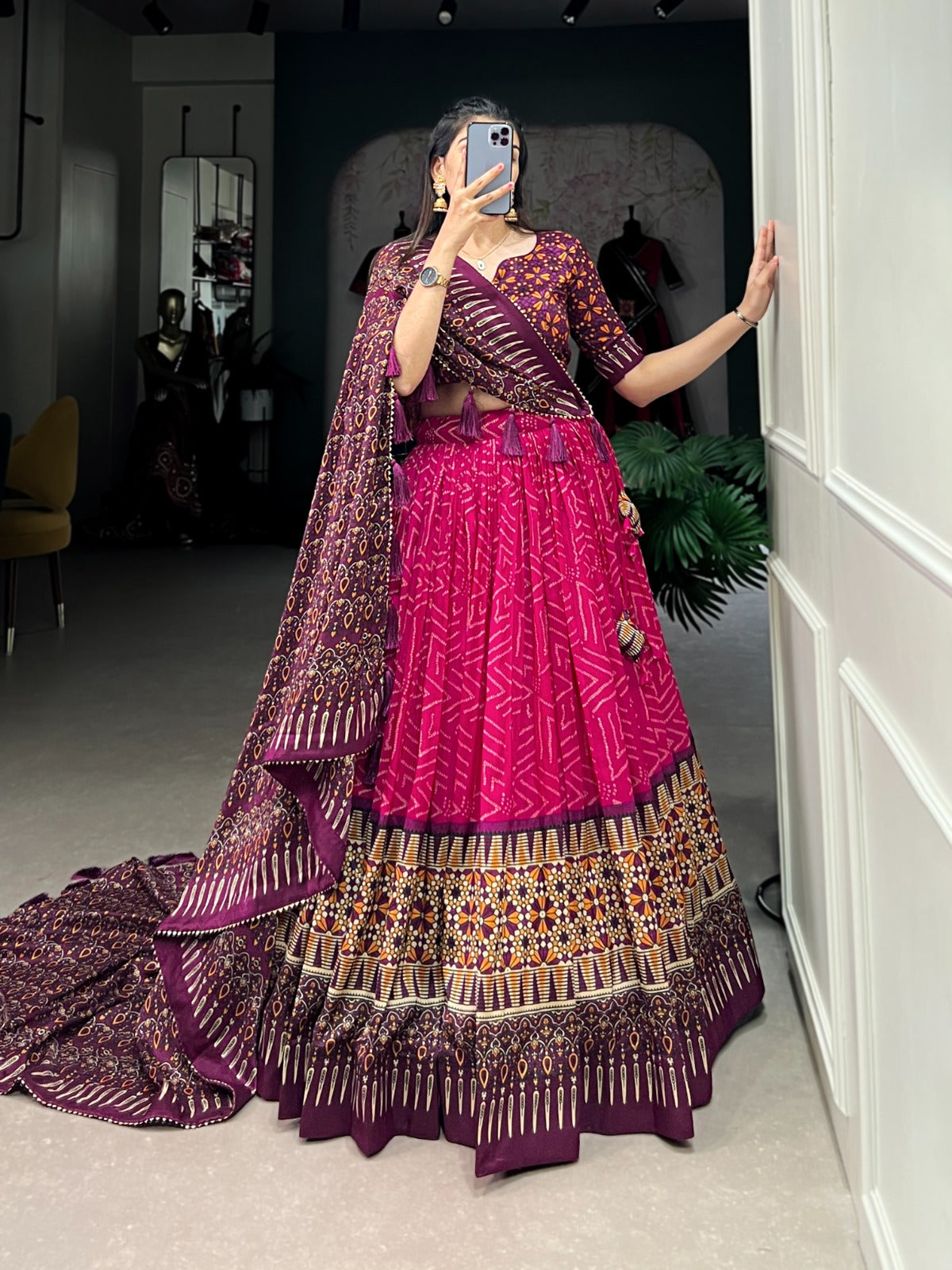 Tussar Silk Bandhej &amp; Ajarakh Print Lehenga Choli