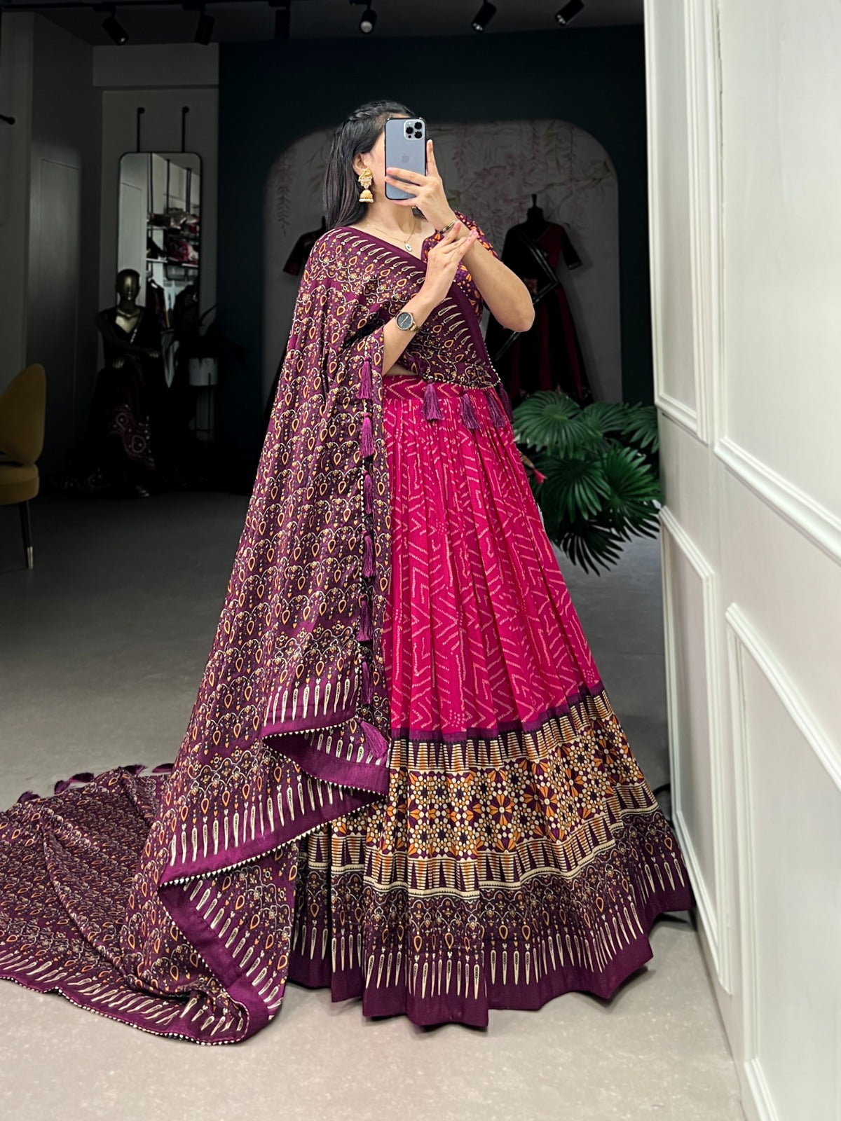Tussar Silk Bandhej &amp; Ajarakh Print Lehenga Choli