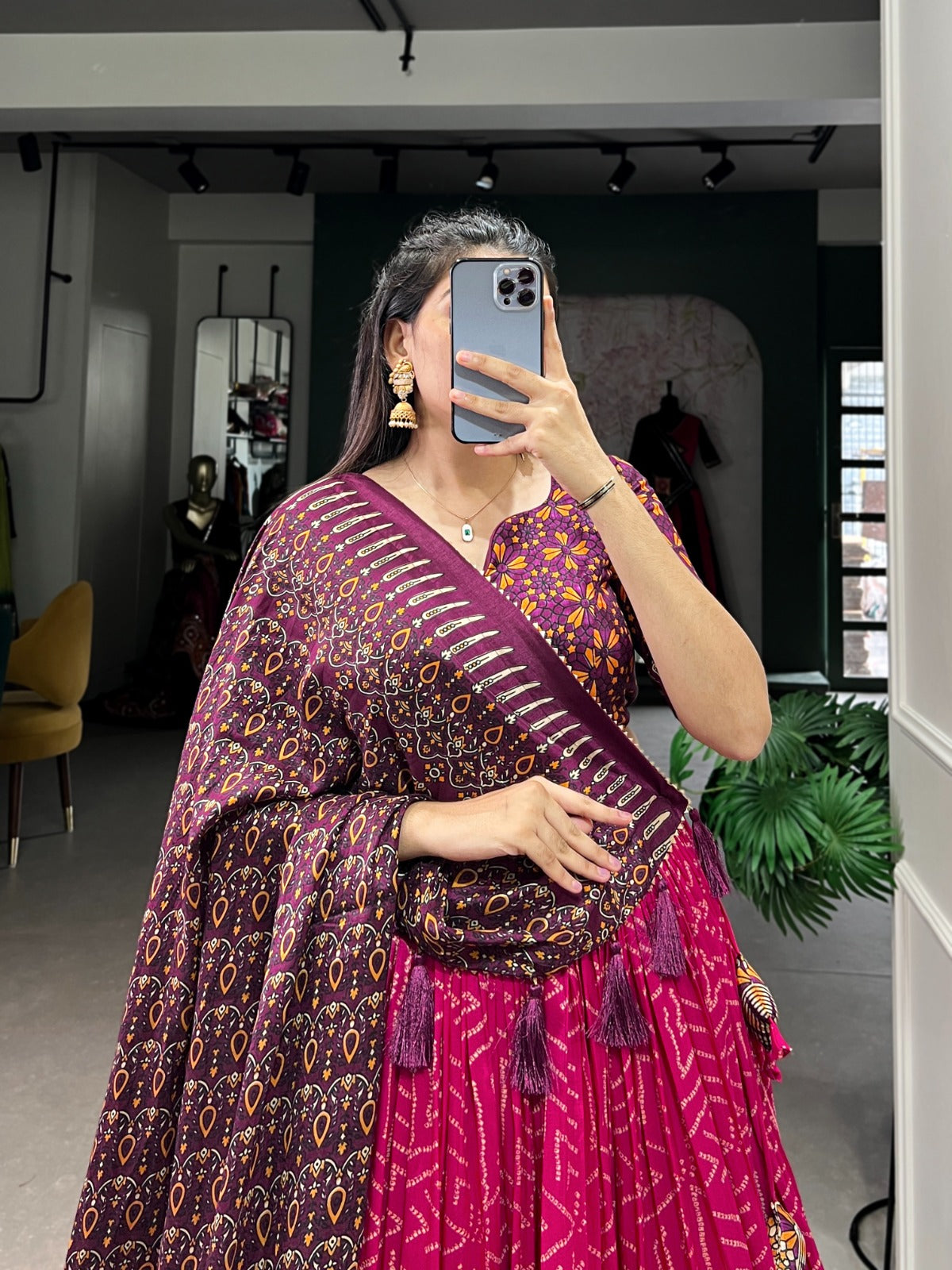 Tussar Silk Bandhej &amp; Ajarakh Print Lehenga Choli