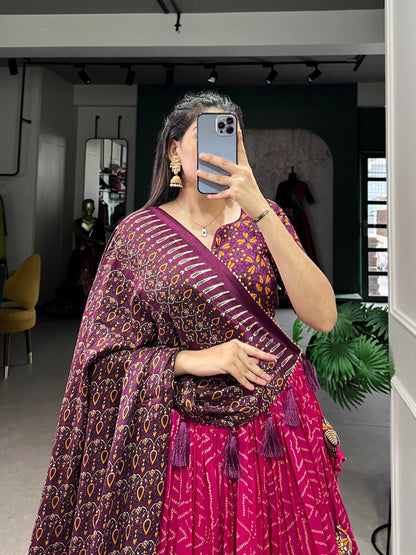 Tussar Silk Bandhej &amp; Ajarakh Print Lehenga Choli