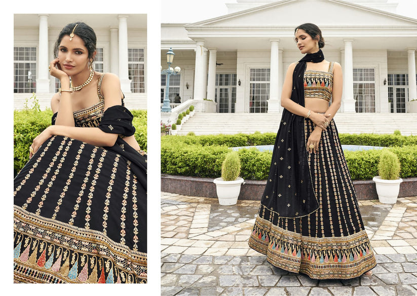 Designer Fancy Wedding Party Wear Black Bollywood Lehenga Choli In Georgette Sm Rimzim 136 A,b,c