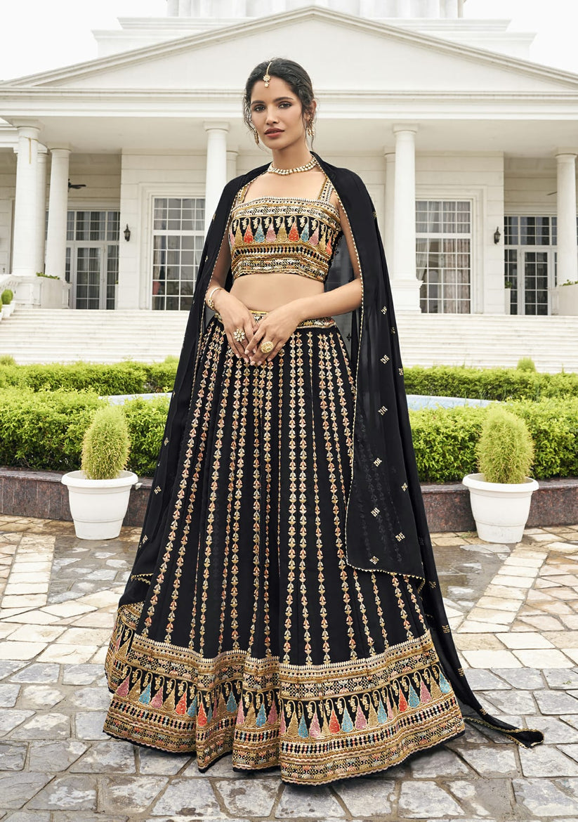 Designer Fancy Wedding Party Wear Black Bollywood Lehenga Choli In Georgette Sm Rimzim 136 A,b,c
