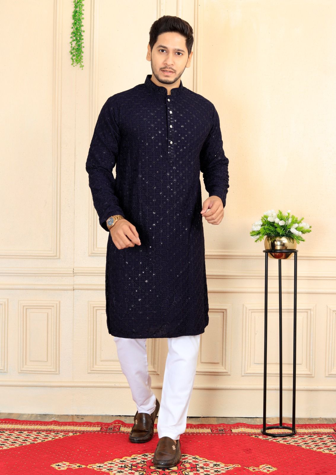 For Men Blue Kurta Chola Pajama Design Photo White Cotton Pathani