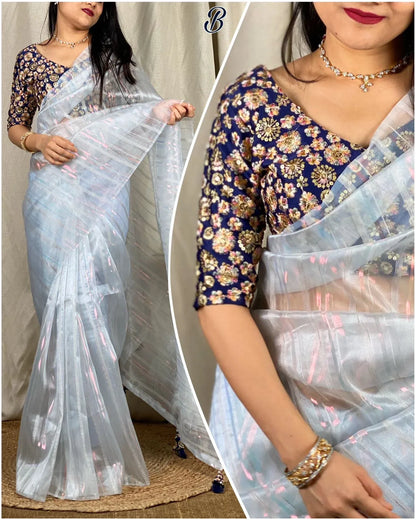 Party Wear Fancy Organza Slub Saree - Anant Exports