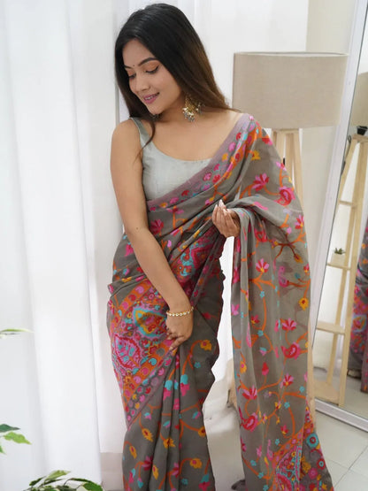Fancy Kashmiri Pasmina Kachi Work Saree - Anant Exports