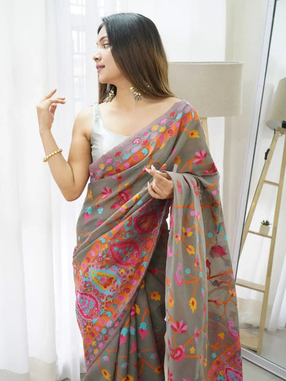 Fancy Kashmiri Pasmina Kachi Work Saree - Anant Exports