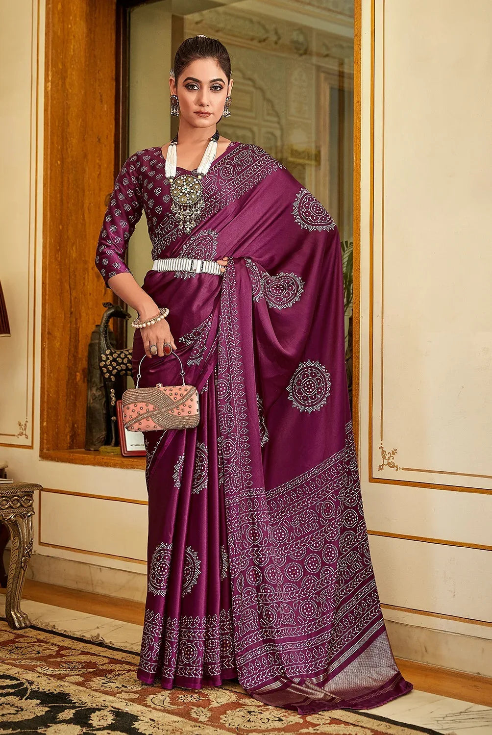 SAWARNA GAJI SATIN BANDHEJ PRINT SAREEE - Anant Exports