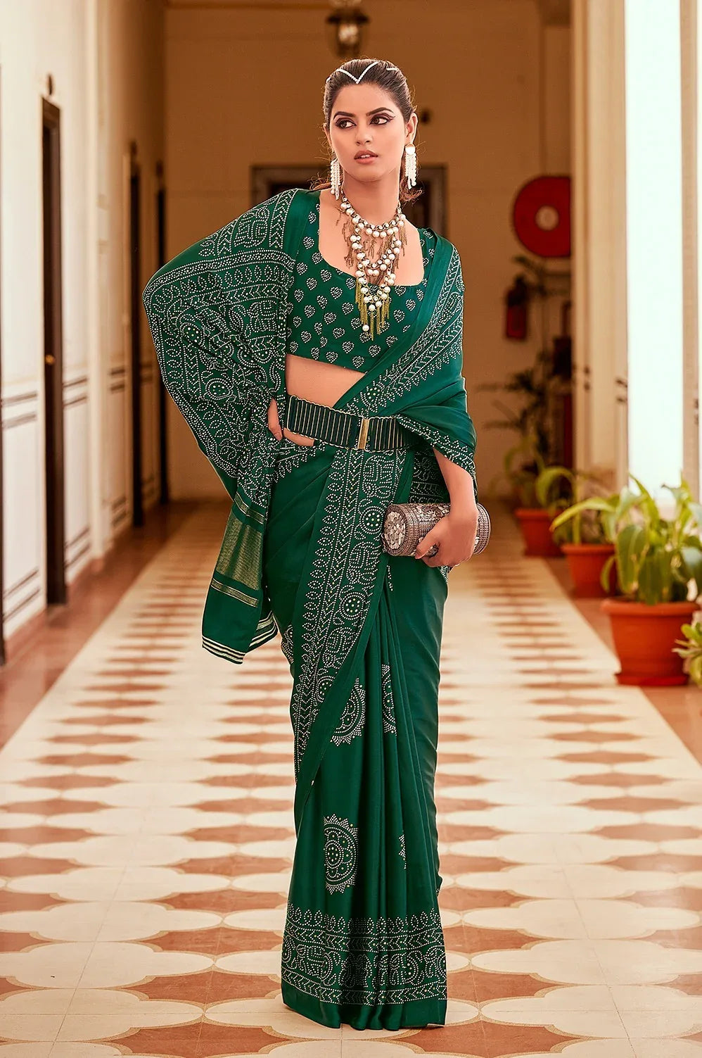 SAWARNA GAJI SATIN BANDHEJ PRINT SAREEE - Anant Exports