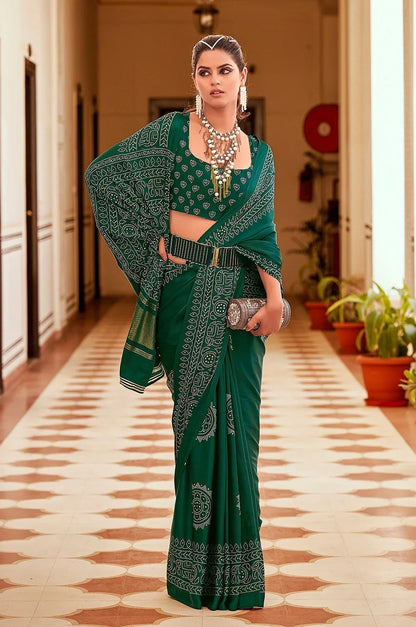 SAWARNA GAJI SATIN BANDHEJ PRINT SAREEE - Anant Exports