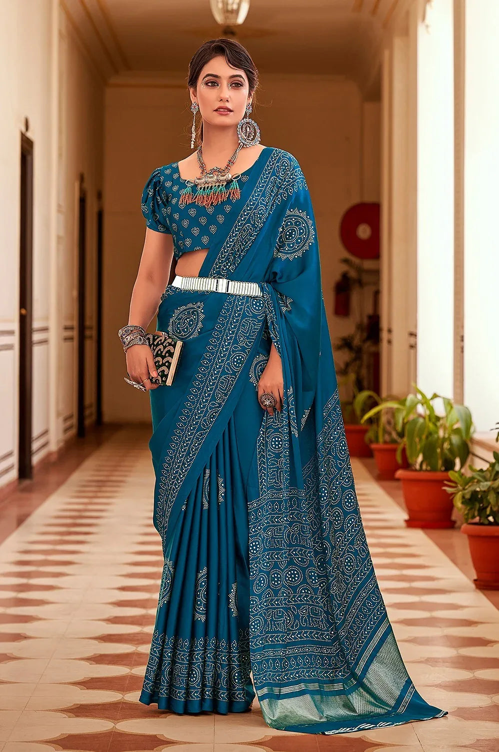 SAWARNA GAJI SATIN BANDHEJ PRINT SAREEE - Anant Exports