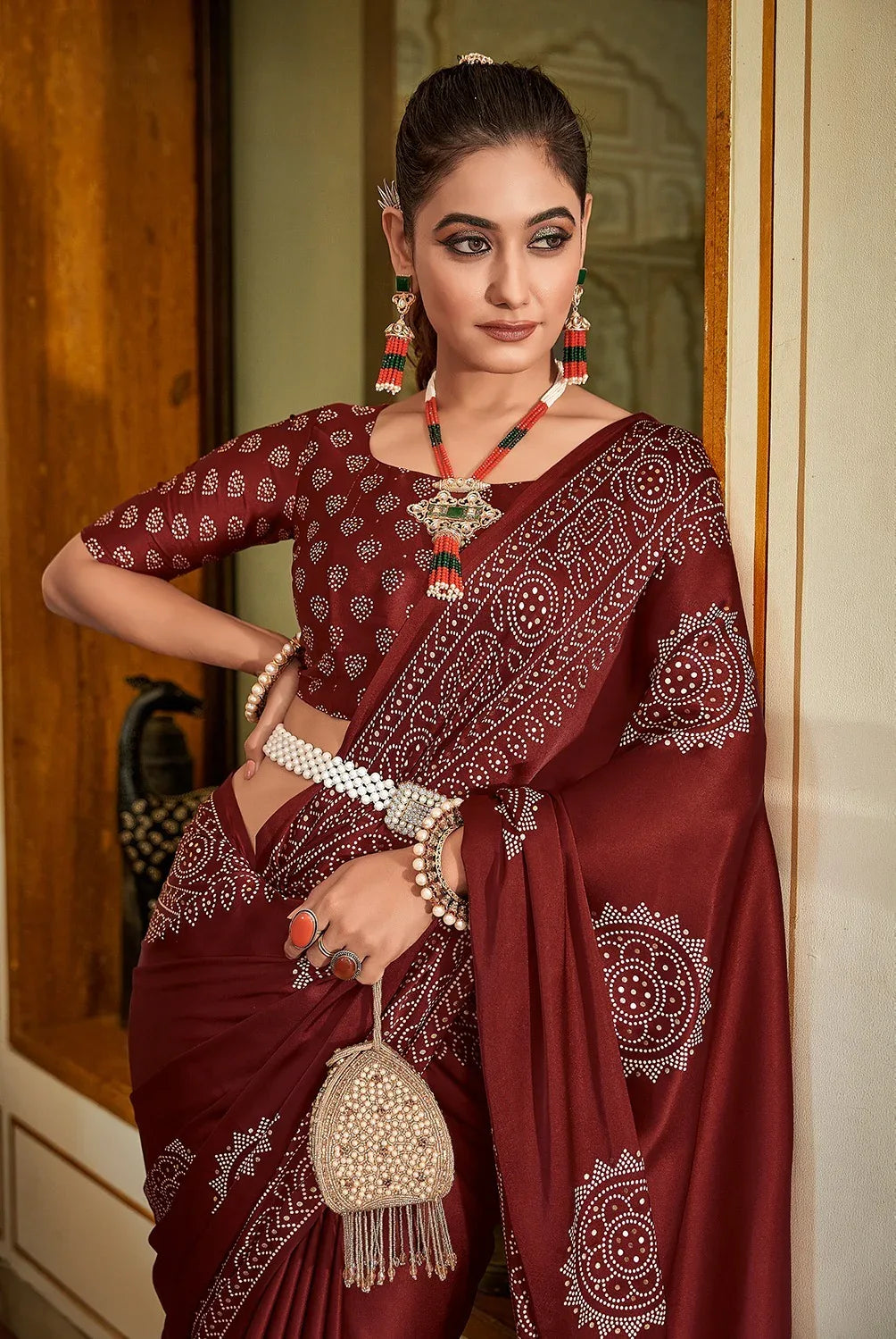 SAWARNA GAJI SATIN BANDHEJ PRINT SAREEE - Anant Exports