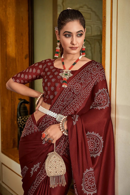 SAWARNA GAJI SATIN BANDHEJ PRINT SAREEE - Anant Exports