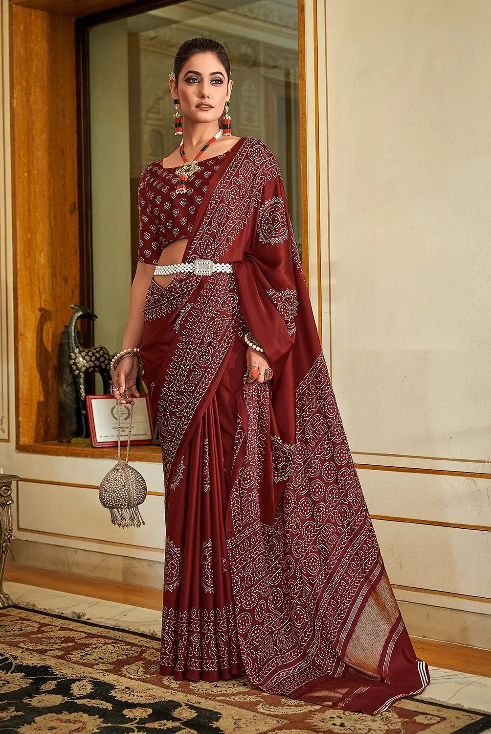 SAWARNA GAJI SATIN BANDHEJ PRINT SAREEE - Anant Exports