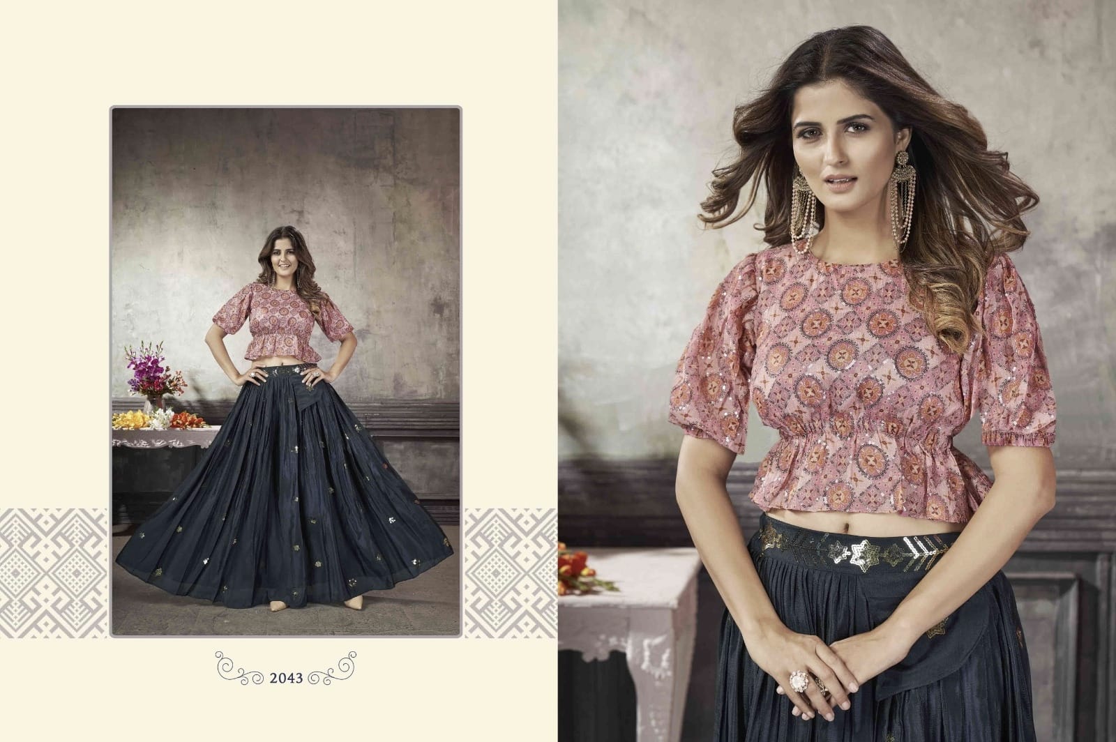 Party Wear Designer Crop top Style Lehenga Choli Frill & Flare Vol. 5 Design 2043