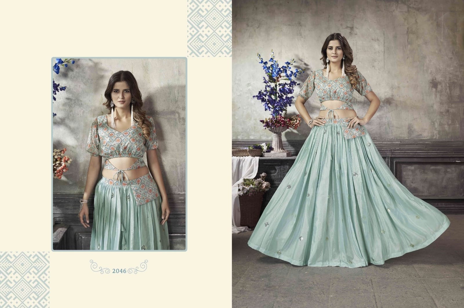 Party Wear Designer Crop top Style Lehenga Choli Frill & Flare Vol. 5 Design 2046