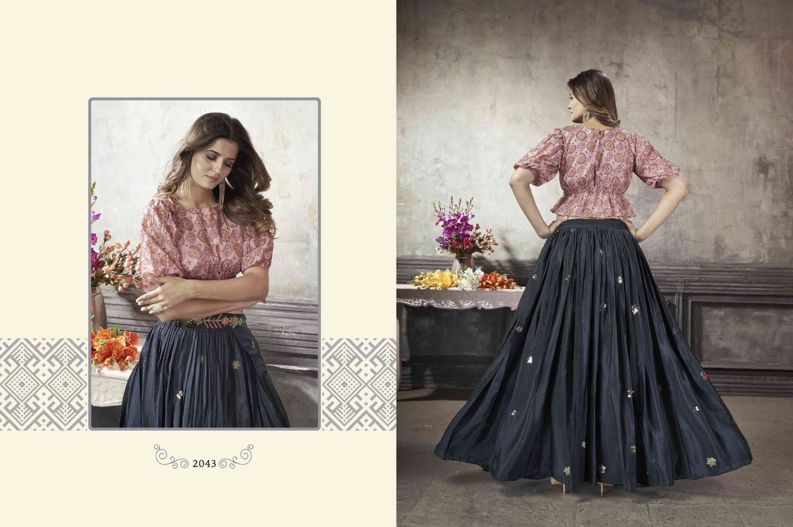 Party Wear Designer Crop top Style Lehenga Choli Frill & Flare Vol. 5 Design 2043