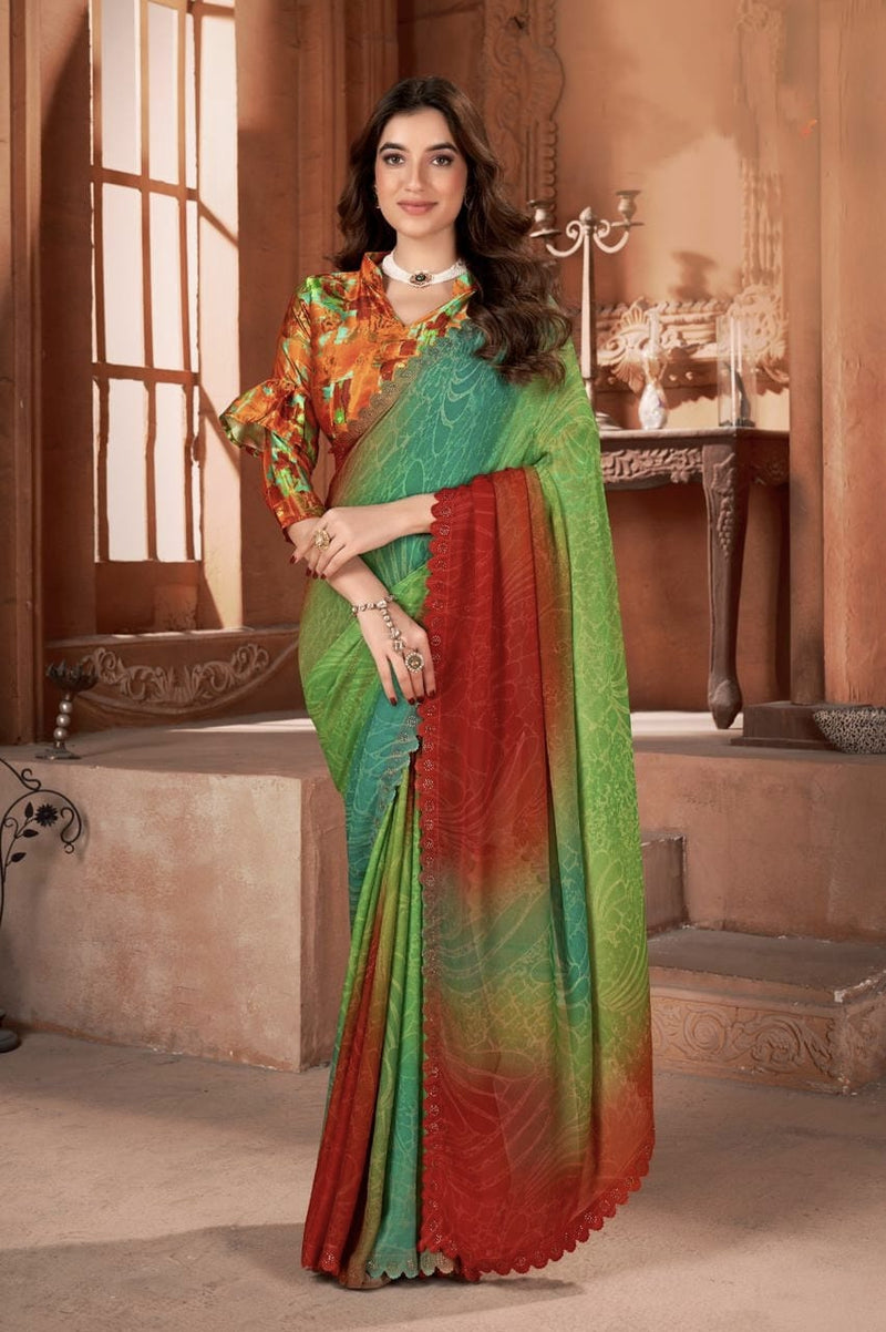 Beautiful Designer Hand Print With Sirvoski Border Saree