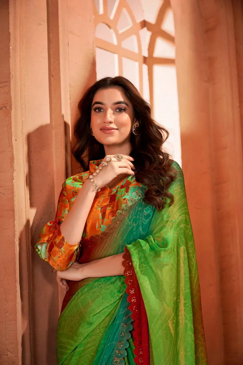 Beautiful Designer Hand Print With Sirvoski Border Saree