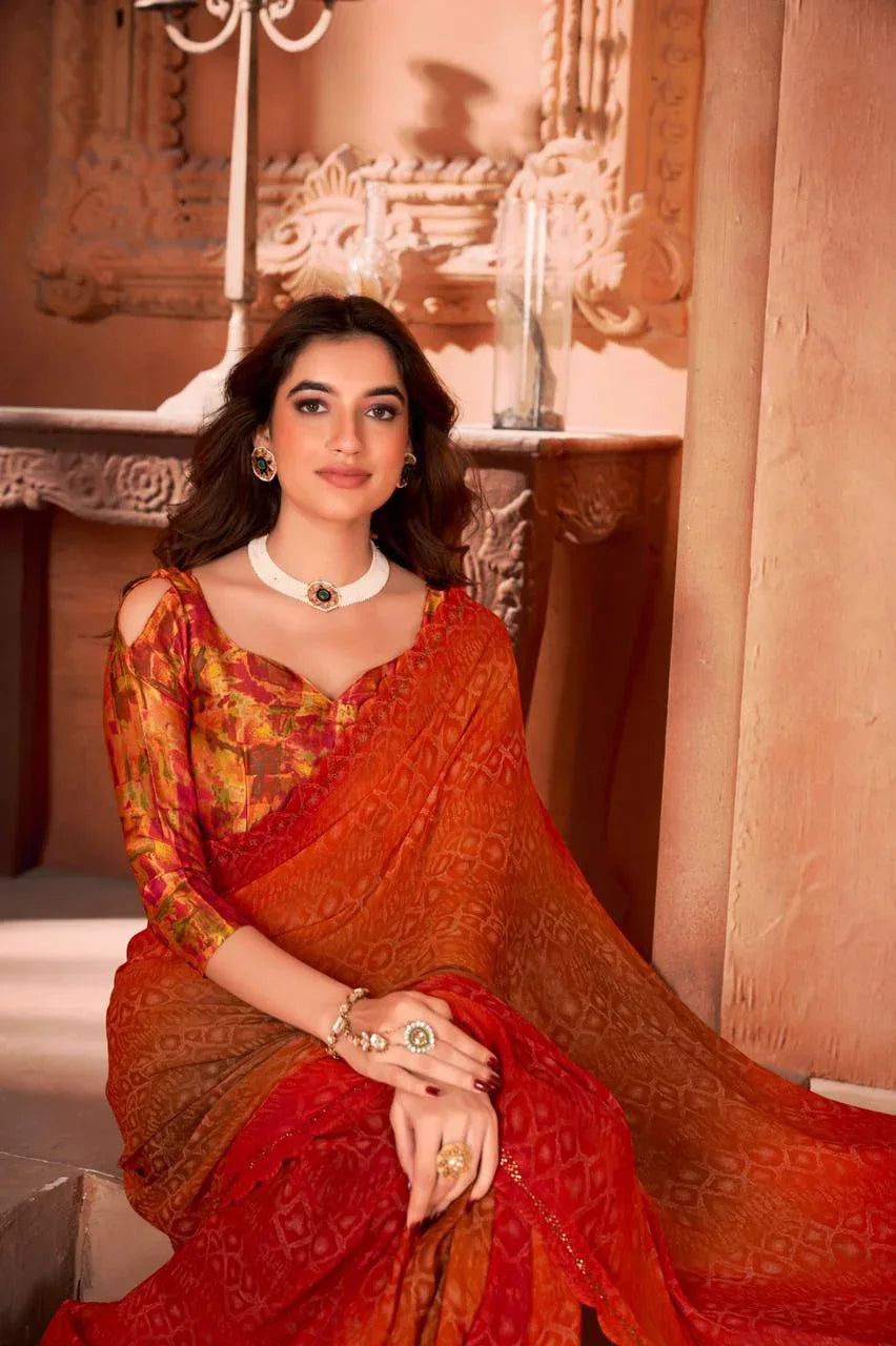 Beautiful Designer Hand Print With Sirvoski Border Saree