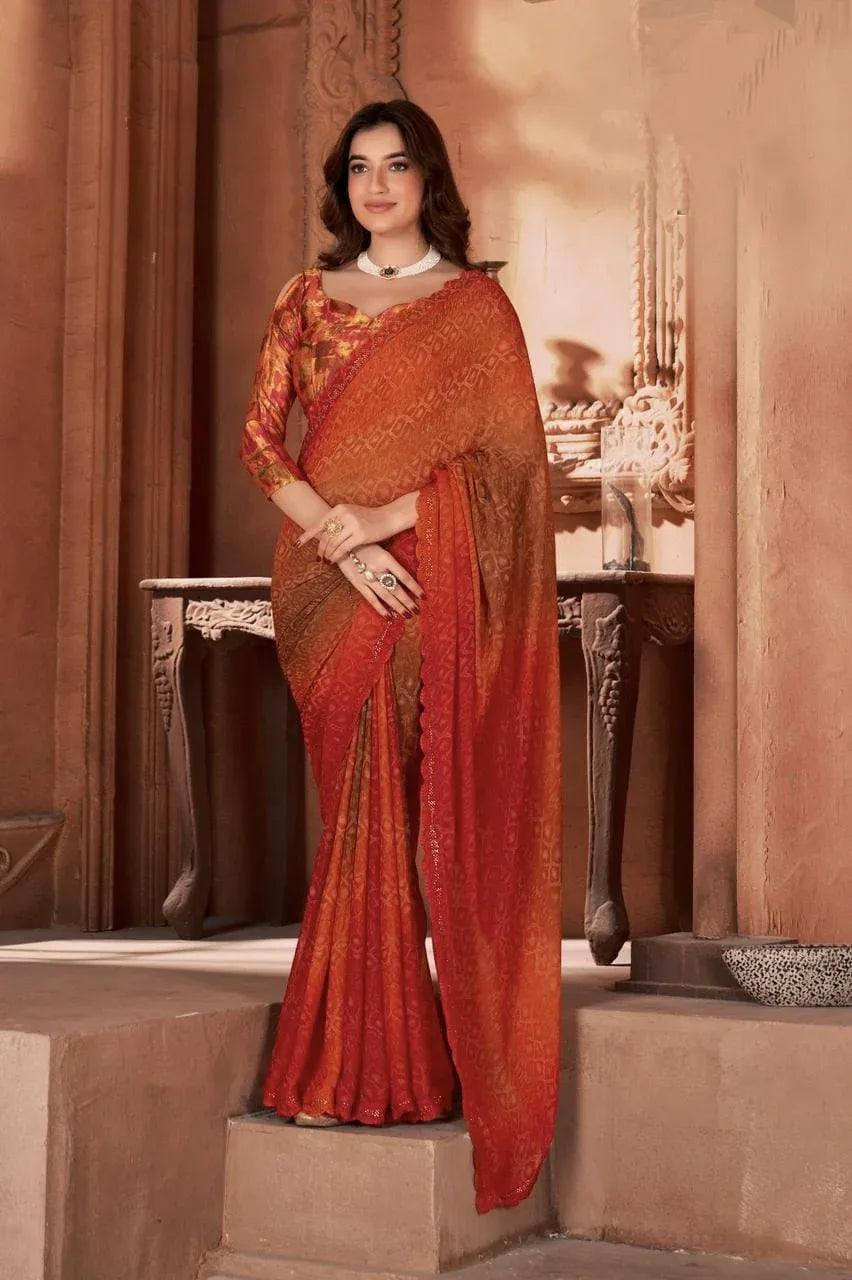 Beautiful Designer Hand Print With Sirvoski Border Saree
