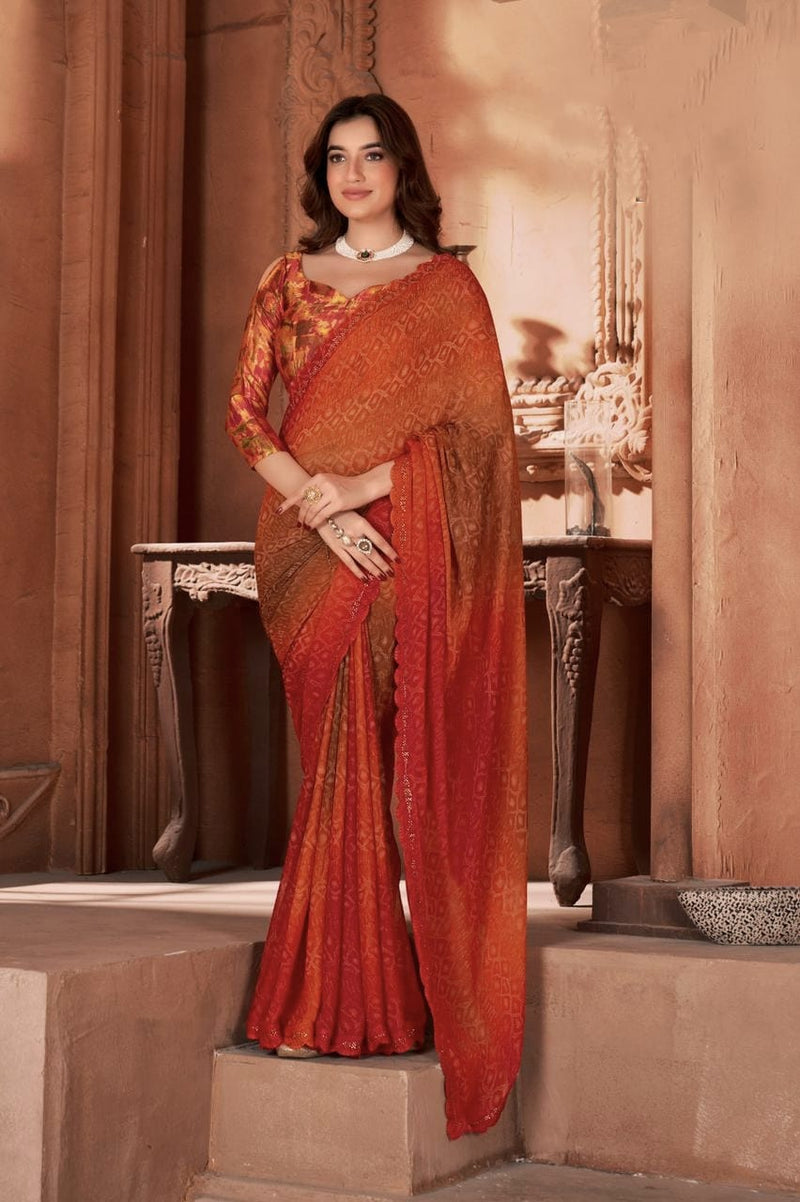 Beautiful Designer Hand Print With Sirvoski Border Saree