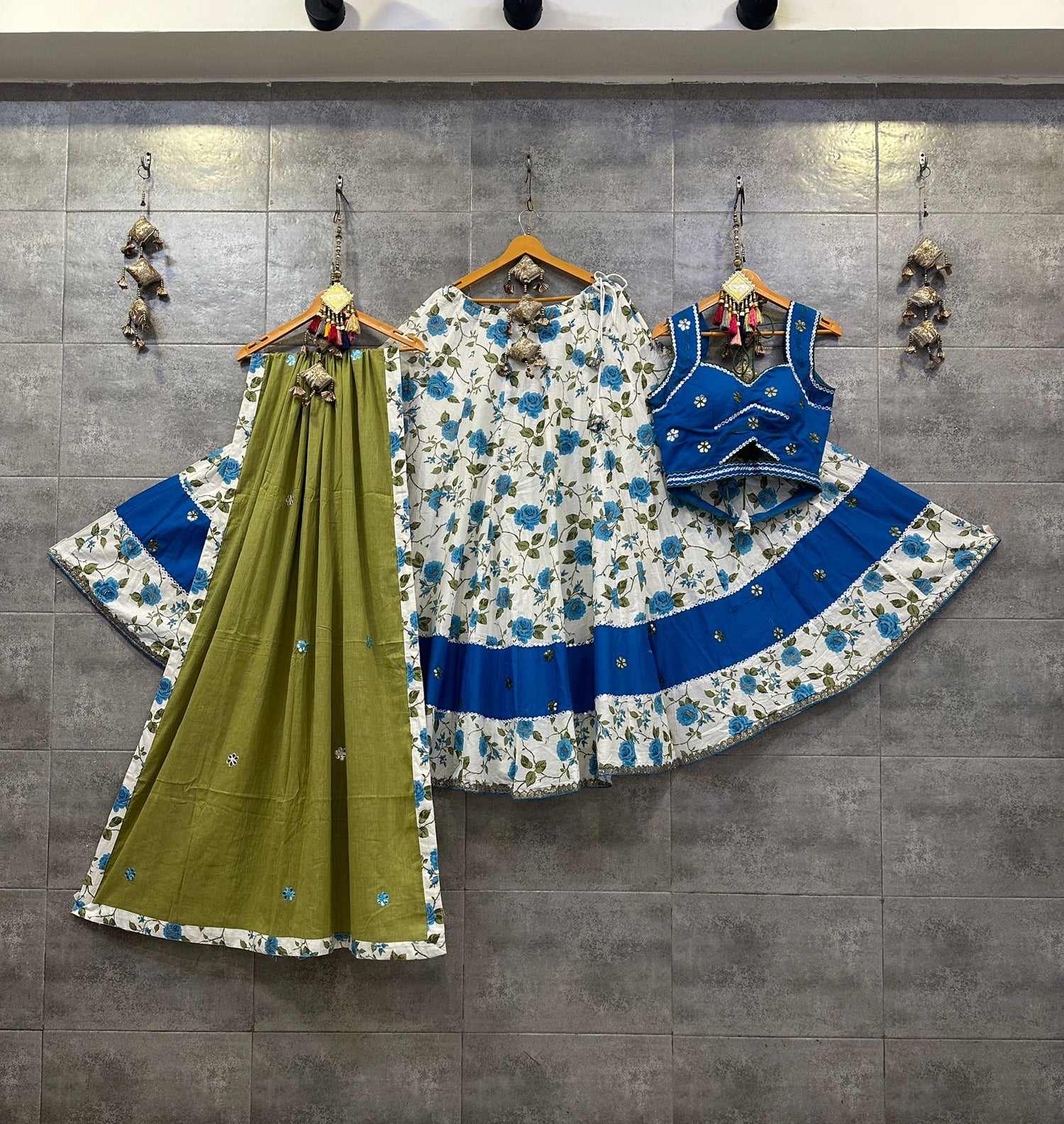 White &amp; Blue Floral Camric Cotton Chaniya Choli &amp; Olive Green Dupatta