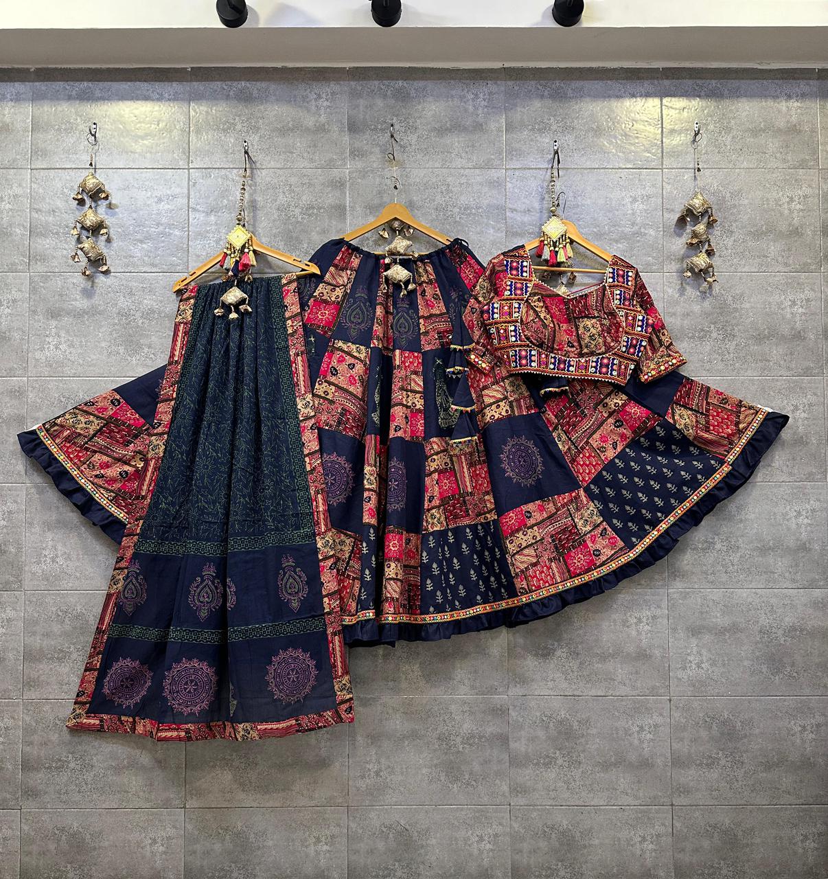 Camric Cotton Handblock Chaniya Choli &amp; 8-Meter Flair &amp; Fancy Pocket for Navratri