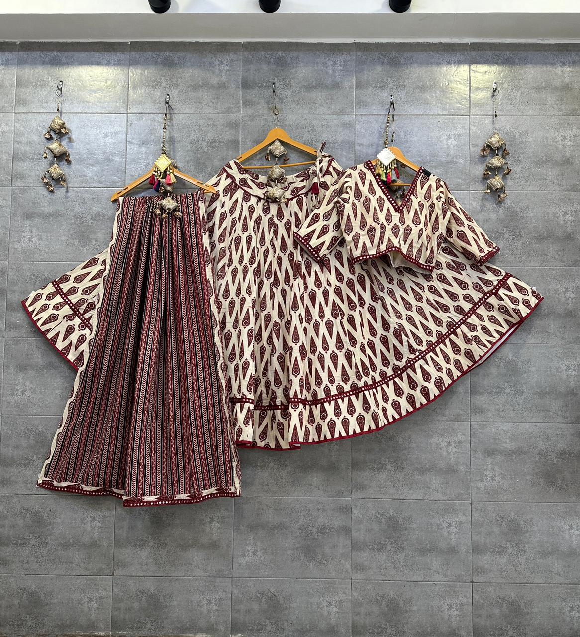 Ivory &amp; Maroon Geometric Print Cotton Chaniya Choli with Mirror Lace for Navratri