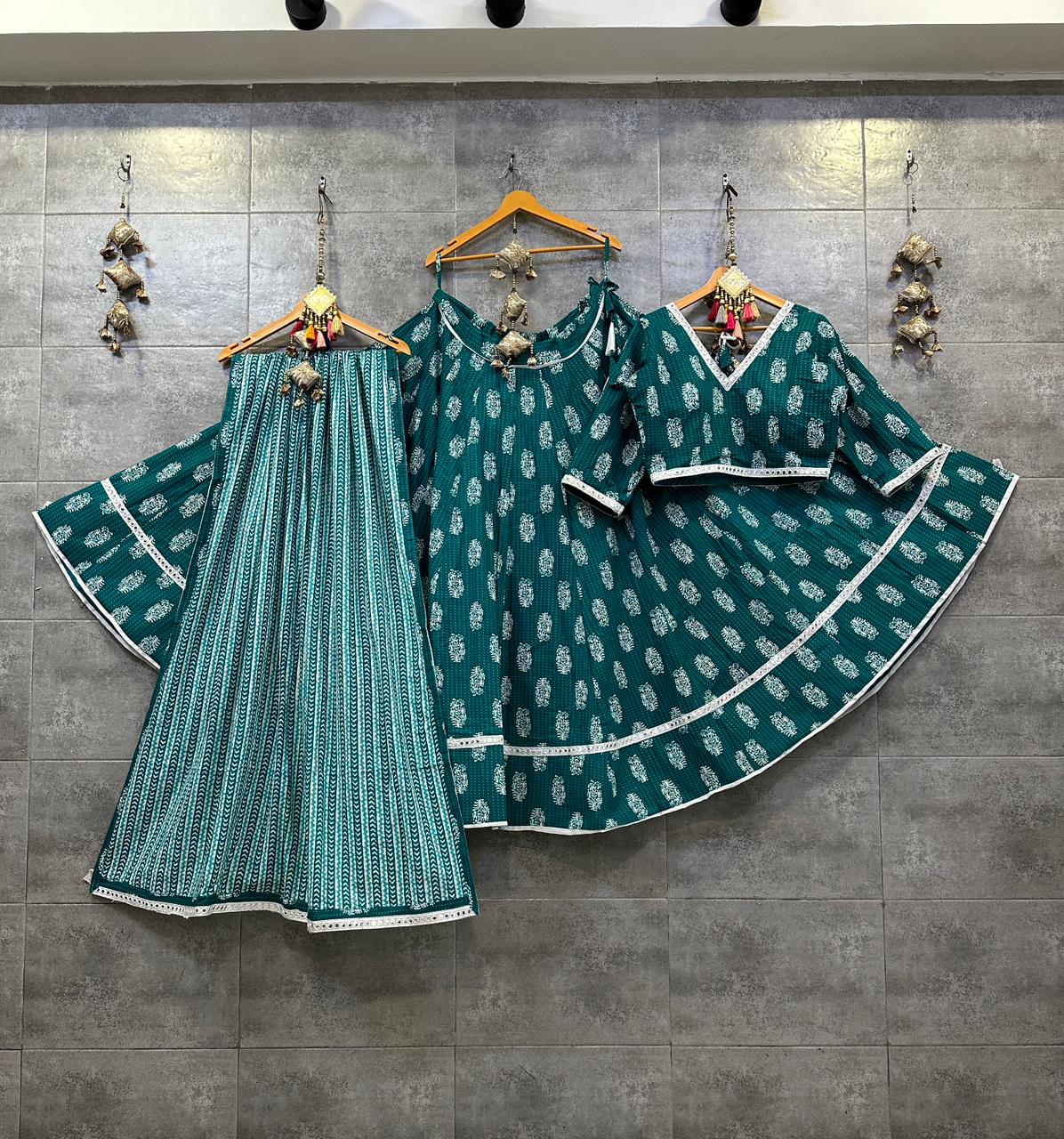 Teal &amp; White Block Print Cotton Chaniya Choli with Mirror Lace for Navratri