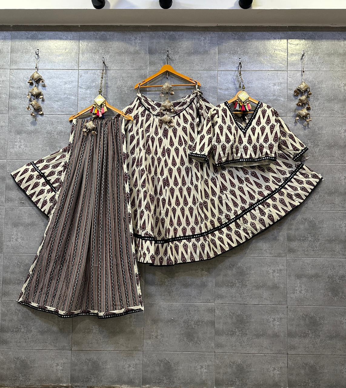 Brown &amp; Beige Ikat Print Cotton Chaniya Choli with Mirror Lace for Navratri