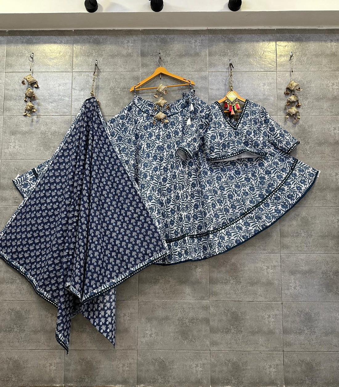 Navy Blue & White Block Print Cotton Chaniya Choli with Mirror Lace for Navratri