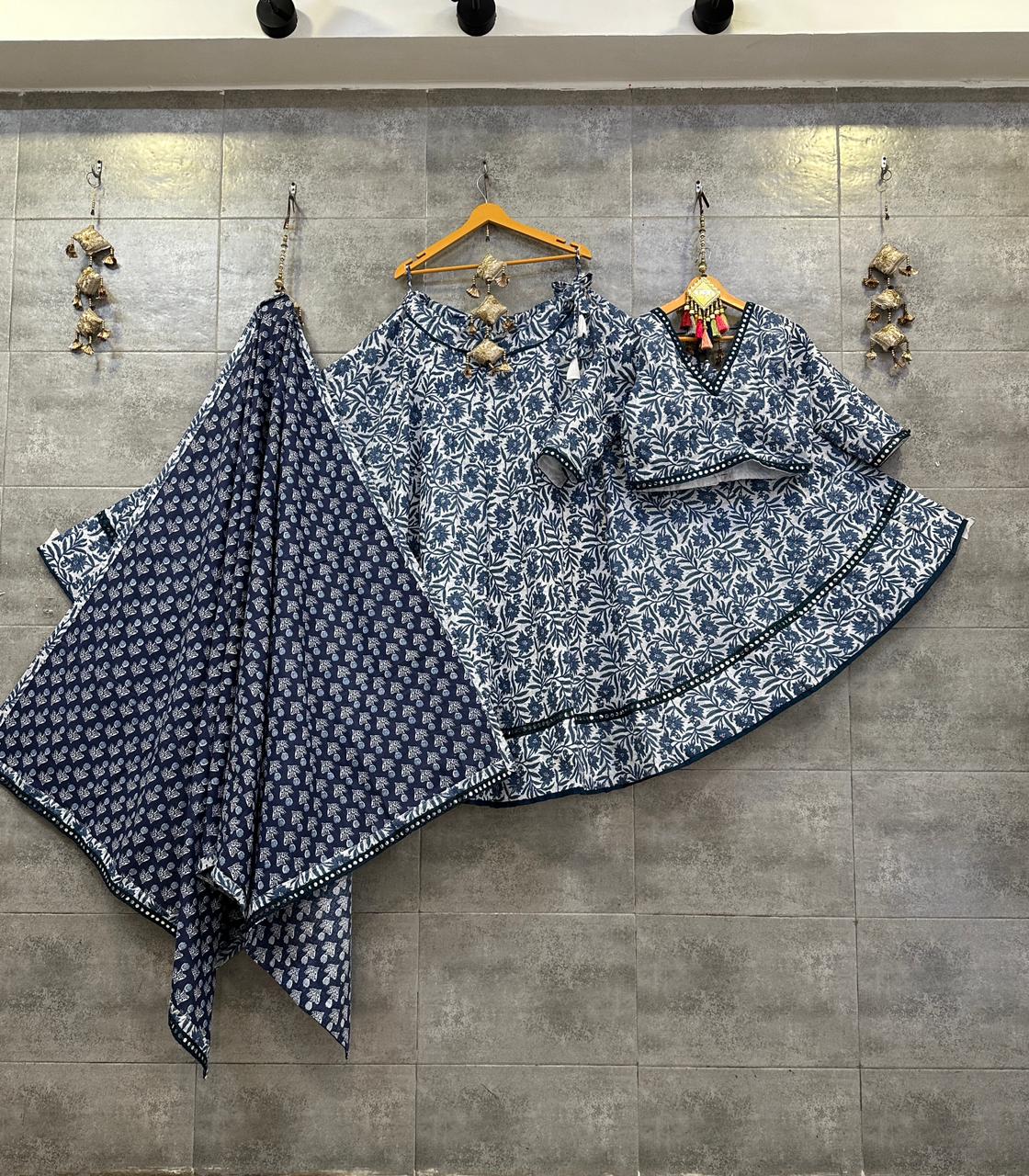 Navy Blue &amp; White Block Print Cotton Chaniya Choli with Mirror Lace for Navratri