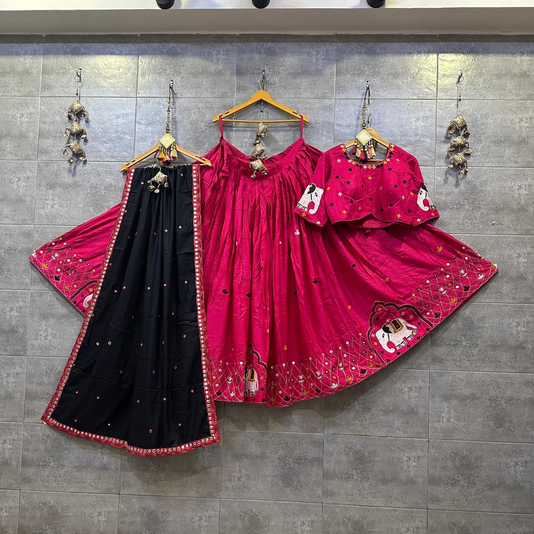Bold Pink and Black Gamthi Work Chaniya Choli for Navratri