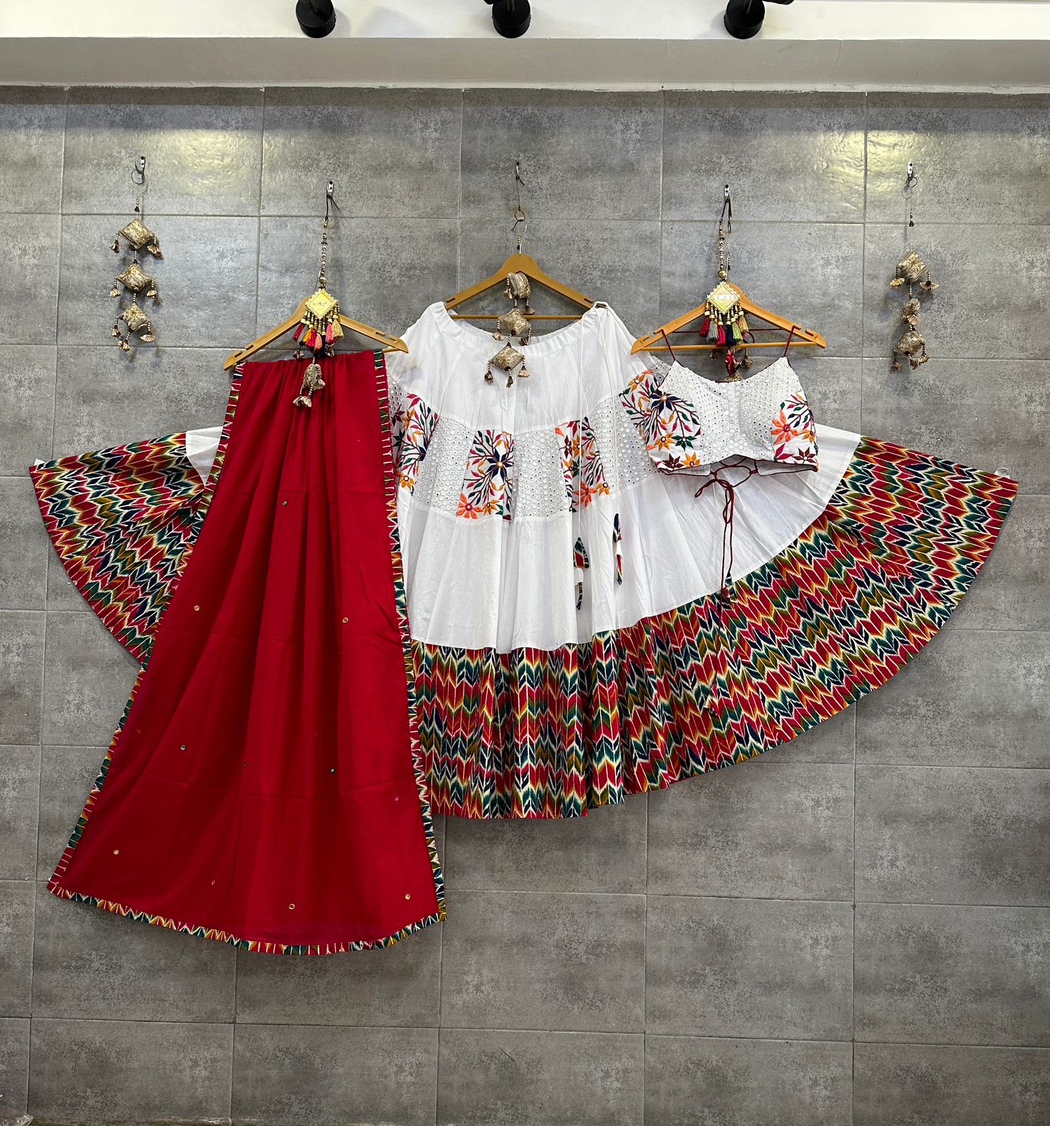 White Jaam Cotton Silk Chaniya Choli &amp; Blouse &amp; Red Gamthi Dupatta