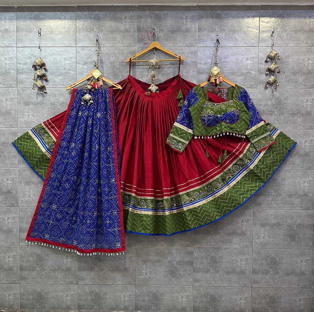 Red Green Roman Silk Chaniya Choli with Blue Dupatta for Navratri

