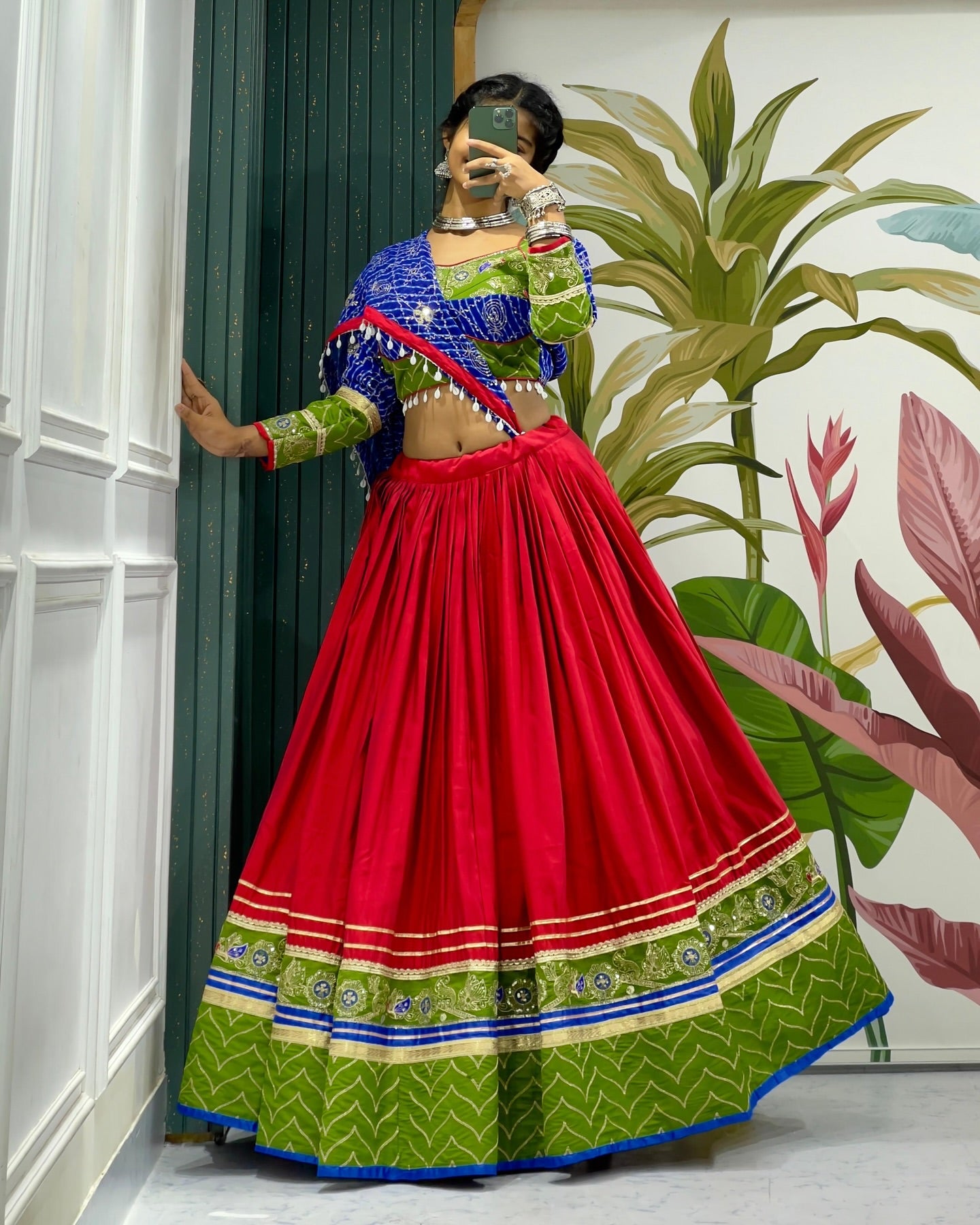 Red Green Roman Silk Chaniya Choli with Blue Dupatta for Navratri

