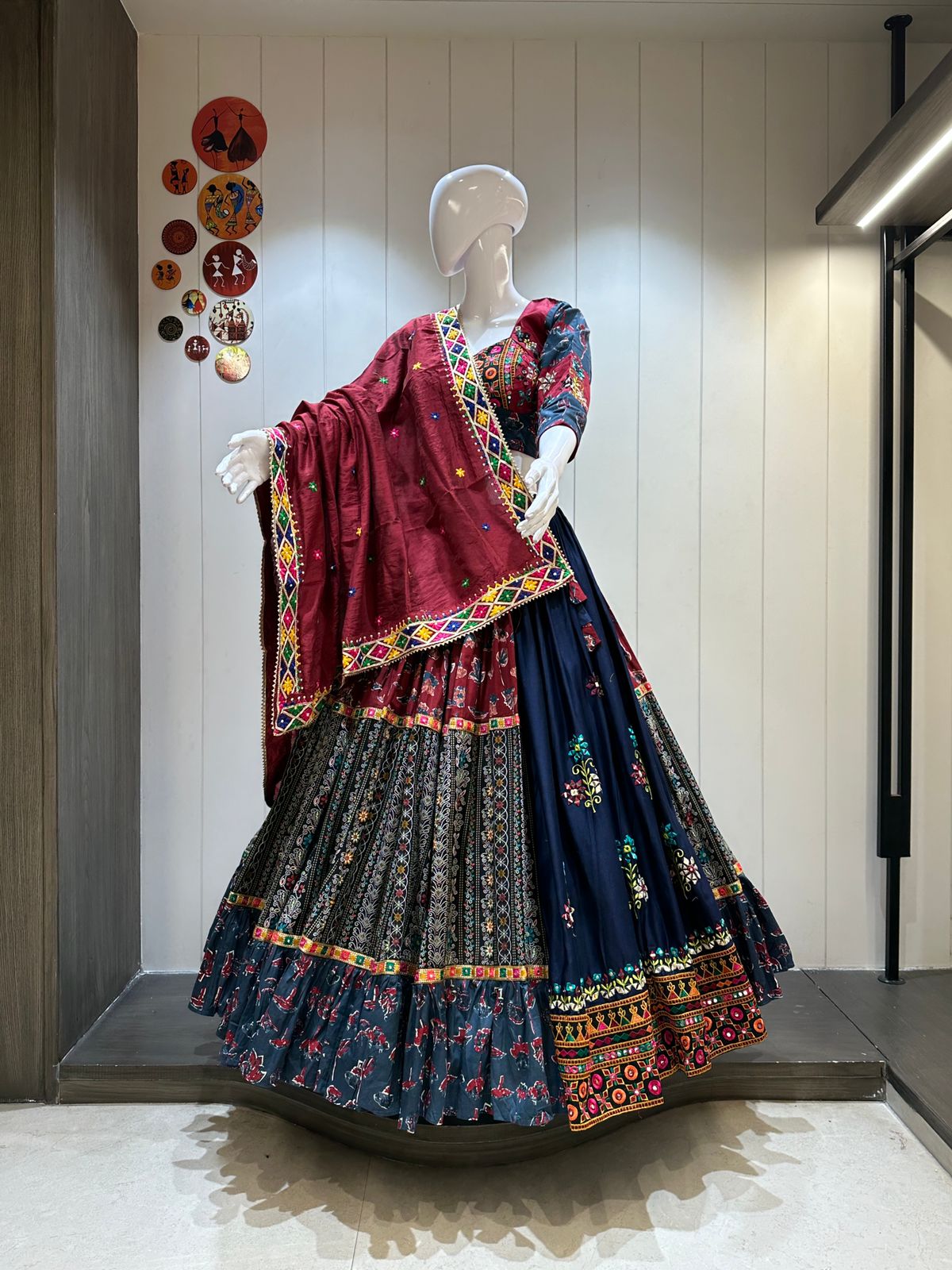 Gamthi Print Chaniya Choli with Maroon Dupatta for Navratri

