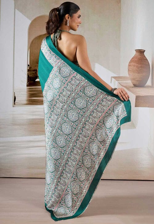 Green Pure Soft Modal Satin Ajrakh Print Satin Saree Japan Satin Saree Anant Tex Exports Pvt.Ltd..