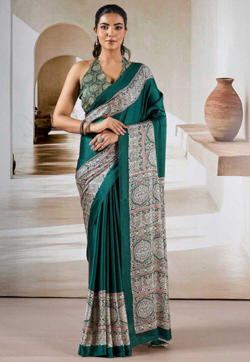Green Pure Soft Modal Satin Ajrakh Print Satin Saree Japan Satin Saree Anant Tex Exports Pvt.Ltd..
