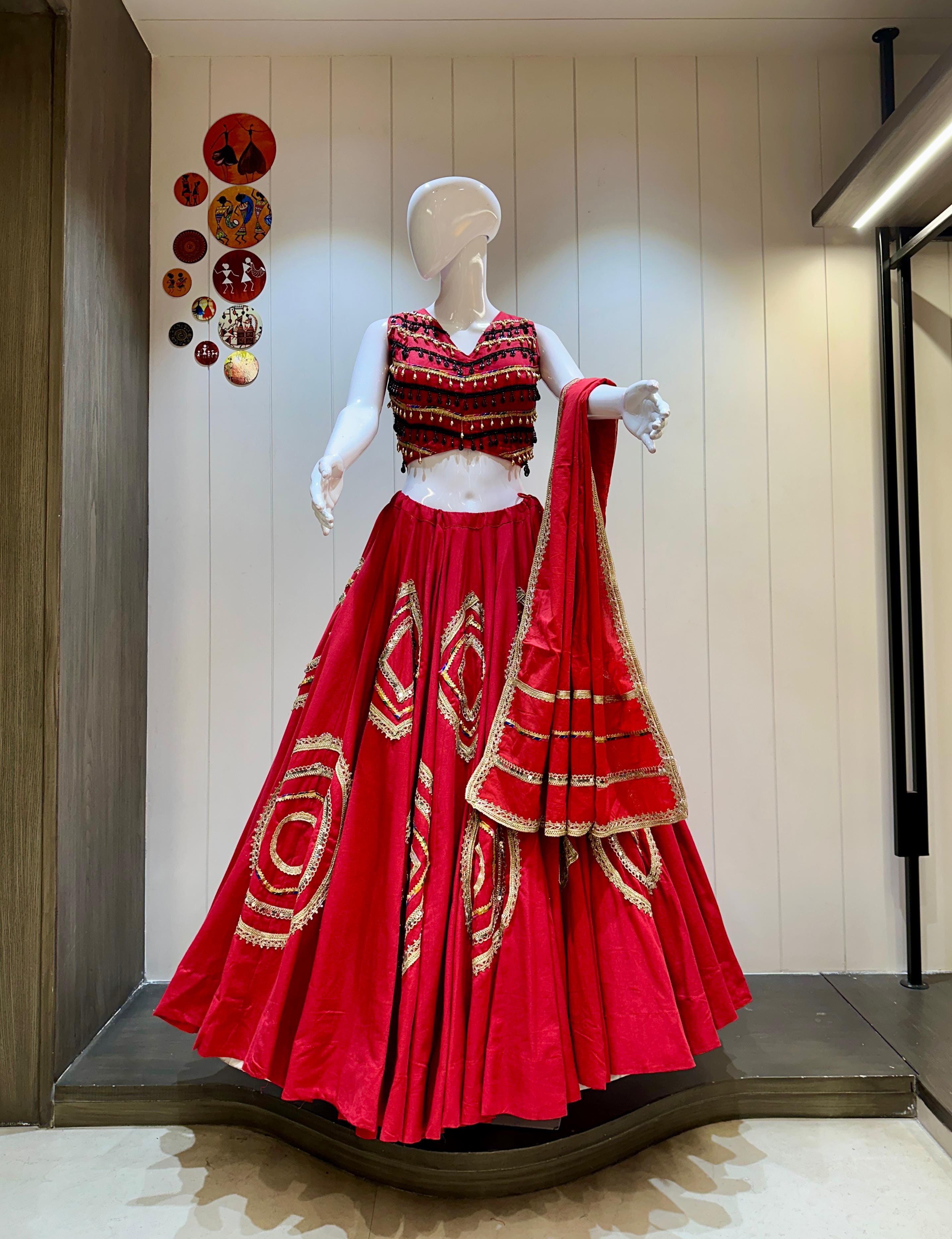 Red Lace Work Chaniya Choli in Pure Khadi with 8 Meter Flare